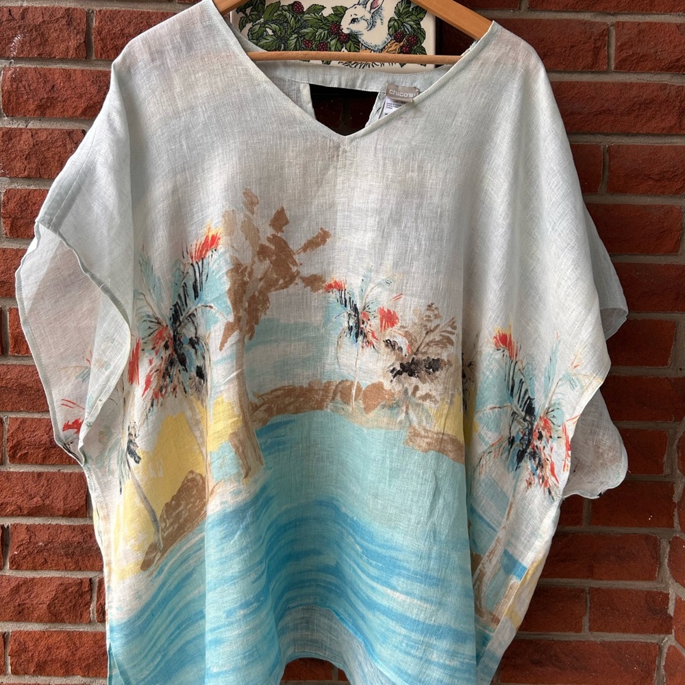 Chico’s Tropical Print Linen Top, sz L/XL
